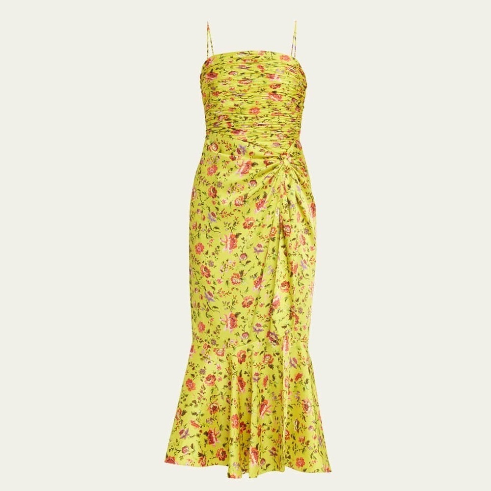 Cinq a Sept Katz Provence Dress 14 Yellow Floral Ruched Satin Midi Formal - Picture 2 of 16